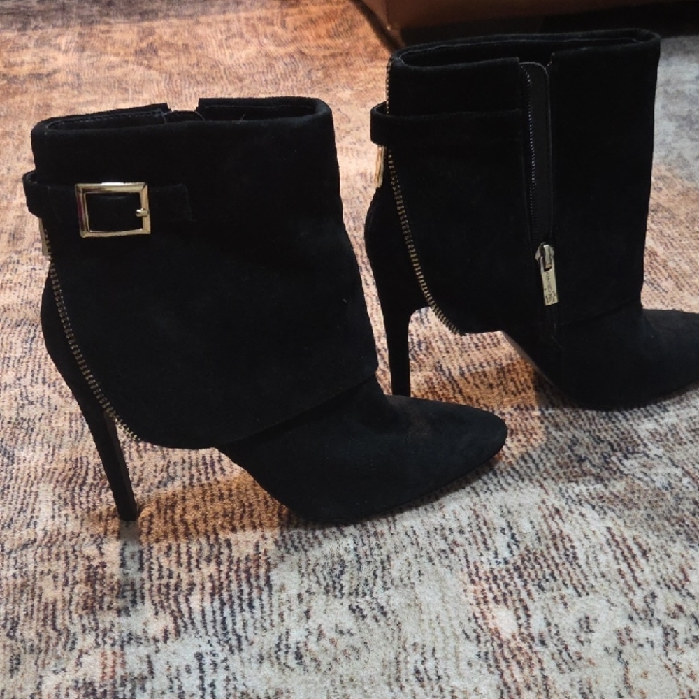 Jessica Simpson Black Heeled Boots with Gold Accents